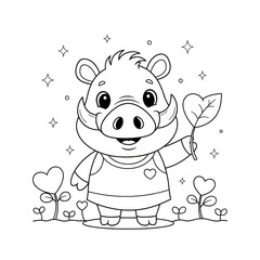 Cartoon boar holding leaf with hearts and stars black and white illustration