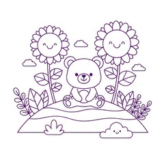 Cartoon bear with smiling sunflowers and clouds on a white background