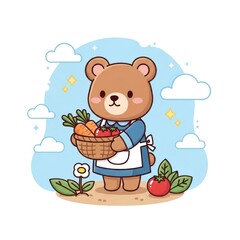 Cartoon bear holding basket of vegetables in sunny garden illustration
