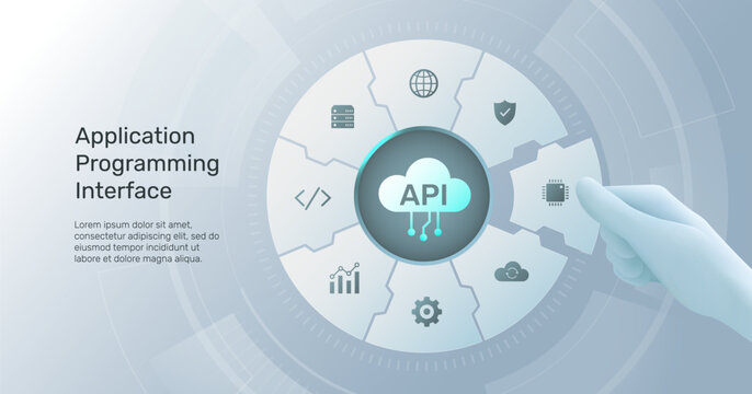 API Application Programming Interface software development tool, cloud computing, hand placing wireframe elements into composition. Artificial Intelligence technology innovation background.