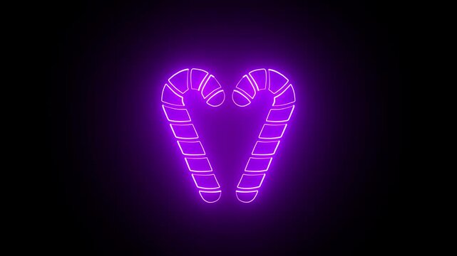 Tow stick lollipop Candy cane Christmas icon neon effect on black background .