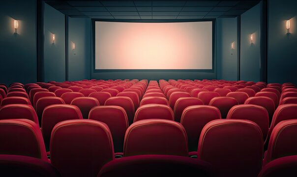 Empty movie theater interior with red seats and a blank screen - Powered by Adobe