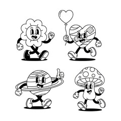 Fototapeta premium Cartoon characters walking with happy expressions and heart balloon vector illustration