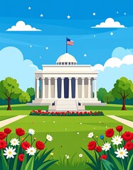 Cartoon-style illustration of a white building with an American flag