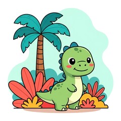 Fototapeta premium Cartoon dinosaur smiling near a palm tree in a colorful natural environment