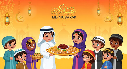 Joyful Eid Mubarak Illustration with Children Holding Traditional Food and Lanterns