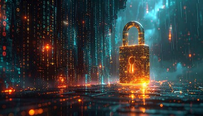 Luminous padlock with a digital stream background in a dark, moody scene, focused security concept