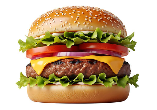 Juicy cheeseburger with fresh lettuce tomato and onion isolated on transparent background