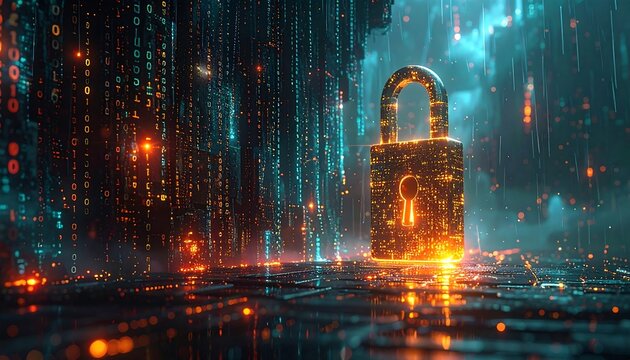 Luminous padlock with a digital stream background in a dark, moody scene, focused security concept