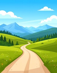 Cartoon-style illustration of a winding road through lush green hills