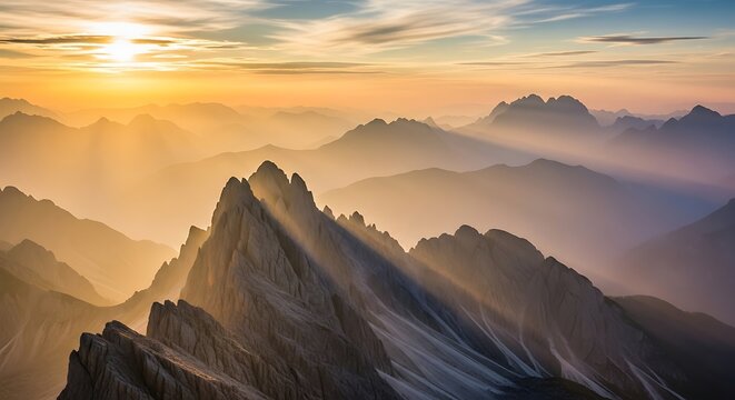 Majestic mountain peaks bathed in golden sunrise light - Powered by Adobe