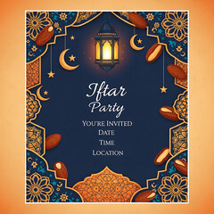 Iftar Party Invitation Design with Lantern, Dates, and Crescent Moons in a Decorative Frame for Evening Ramadan Gatherings