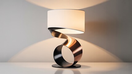 Stylish contemporary lamp with swirling metal base and soft light photo