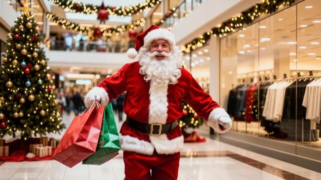 Joyful man in a Santa Claus costume runs through a decorated shopping center carrying bags. Christmas holiday rush and seasonal sales concept. Lockdown medium shot.