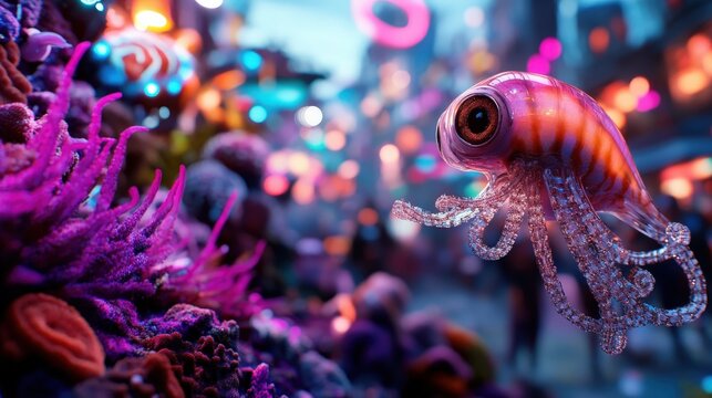 A stunning underwater visual featuring a captivating jellyfish amidst vibrant coral and colorful lights, evoking a sense of wonder and beauty in marine life and ecosystems.