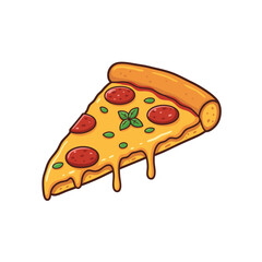A vibrant cartoon illustration of a delicious slice of pepperoni pizza with melted cheese and fresh basil leaves, dripping cheese.