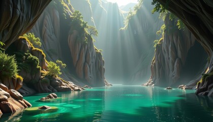 Serene turquoise water flows between lush cliffs nature photography tranquil landscape scenic viewpoint