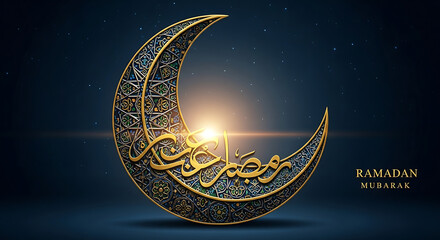 Ramadan Mubarak Crescent Moon with Golden Arabic Calligraphy and Islamic Ornamentation for Festive Greetings and Cultural Celebrations