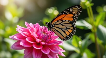 A monarch butterfly perched on a vibrant pink dahlia flower.