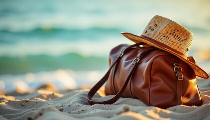 Beachside adventure brown leather duffel bag and straw hat sandy shore travel lifestyle relaxing atmosphere
