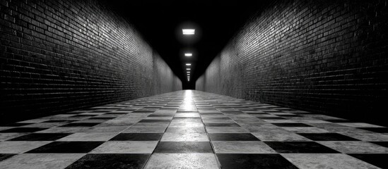 A black and white image shows a long corridor with brick walls, checkered floor, and ceiling lights