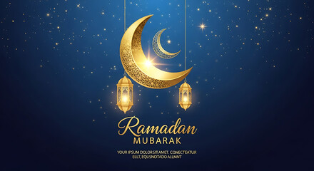 Ramadan mubarak islamic festival celebration greeting background with crescent moon lantern hanging decoration vector illustration banner