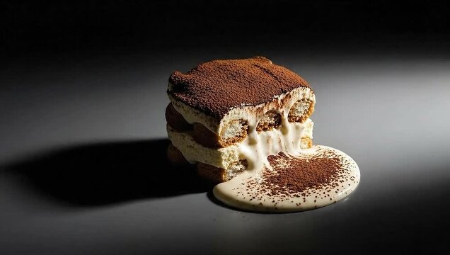 A beautifully crafted Tiramisu dessert with a dark background, the dessert has layers of ladyfingers soaked in coffee, interspersed with a creamy mascarpone mixture and cocoa powder