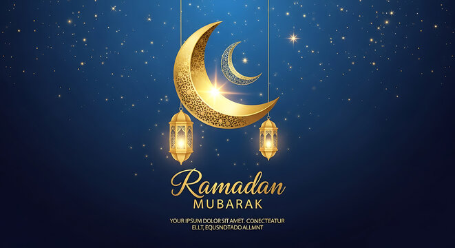 Ramadan mubarak islamic festival celebration greeting background with crescent moon lantern hanging decoration vector illustration banner - Powered by Adobe