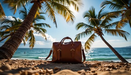 Brown leather travel bag on tropical beach seaside serenity lifestyle photography sunlit environment relaxing viewpoint