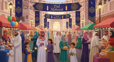 Eid Mubarak Festive Celebration in Town Square with People Bazaar Scene with Decorations Family Gathering Community Celebration Festive Mood