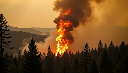 Massive vertical flame erupts from forest california wildfire dramatic scene nature fire hazards