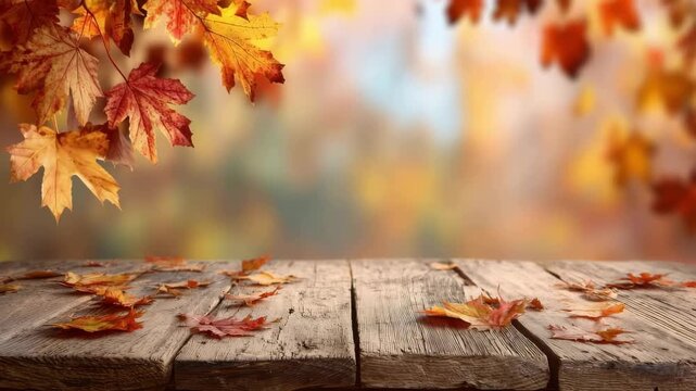 Autumn maple leaves creating a warm background for a weathered wooden surface, copy space