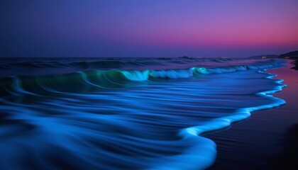 Bioluminescent waves crash on a beach coastal landscape nighttime serenity nature's glow artistic seascape