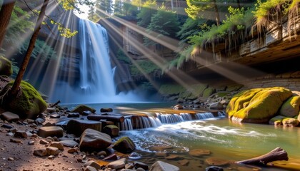 Majestic waterfall cascades in lush forest nature photography scenic landscape serene environment captivating view