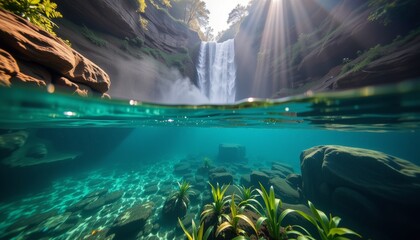 Majestic waterfall revealed split view of clear turquoise waters lush greenery nature photography tranquil environment