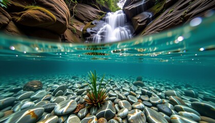 Underwater view of smooth river rocks and lush plants at serene waterfall nature photography tranquil environment