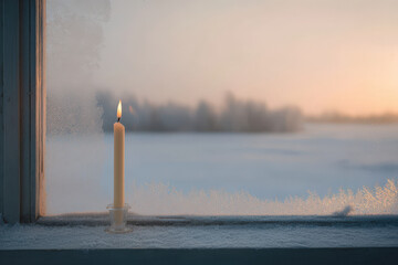 window adorned with frost patterns captures warmth of solitary flame from candle