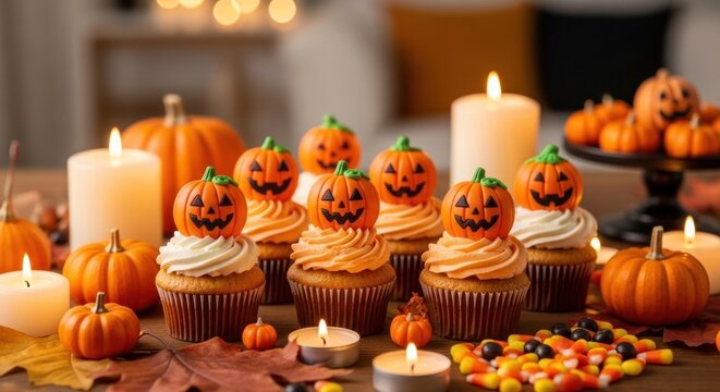 Halloween-themed cupcakes with jack-o-lantern faces and candles on a table with autumn leaves and candies.