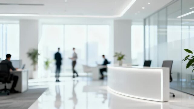 Defocused view of a busy corporate office lobby with employees. Modern reception area in a business center showing daily workflow. Lockdown shot with focus on the background.