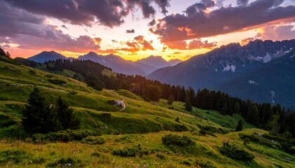 Fototapeta premium Mountain meadow view with a vibrant sunset and distant peaks