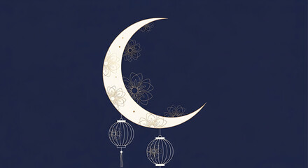 Elegant Eid Mubarak Crescent Moon and Lanterns Design on Dark Blue Background for Islamic Holidays and Celebrations Festive Season