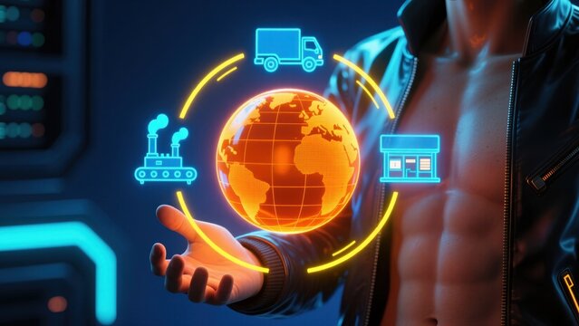 A holographic globe and icons connect with factory, truck, and store symbolizing global logistics, supply chain visibility and real time tracking concept, cyber physical systems