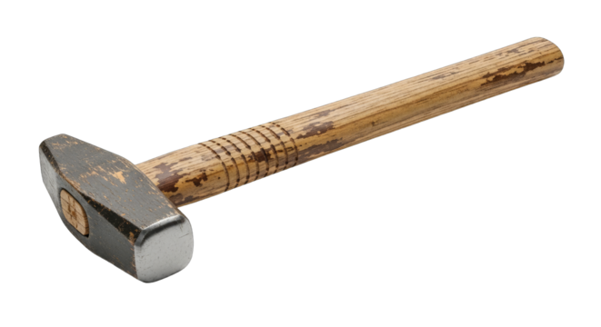 A detailed close-up studio shot of a weathered metal sledgehammer with a textured wooden handle and a transparent background highlighting its industrial construction and rugged appearance