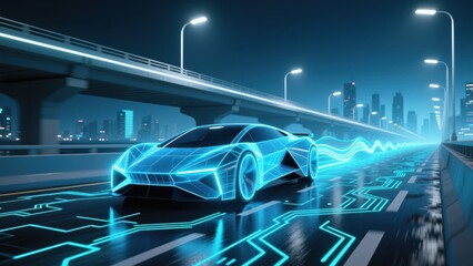 A holographic car on a glowing highway with data trails showing ai navigation and control, autonomous vehicles and edge control systems concept, cyber physical systems
