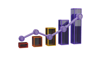 Dynamic 3D bar chart with upward trend line symbolizing growth and financial success for business presentations isolated on white or transparent png.