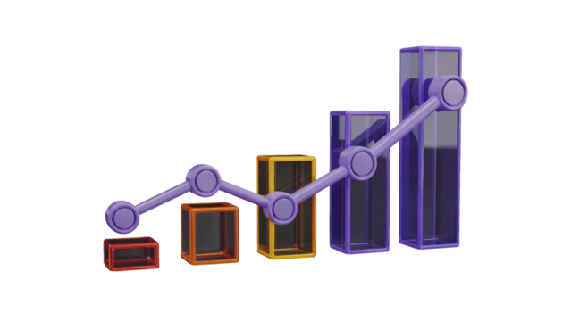 Dynamic 3D bar chart with upward trend line symbolizing growth and financial success for business presentations isolated on white or transparent png.