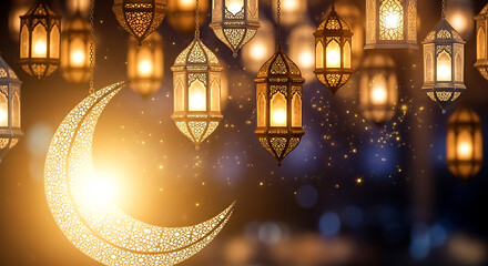 Enchanting Ramadan Lanterns and Crescent Moon Against Bokeh Background for a Festive Celebration