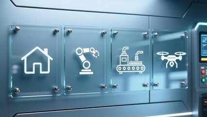 The transparent glass panels with tech icons for smart home, robot, and drone display, smart factory in action concept, cyber physical systems