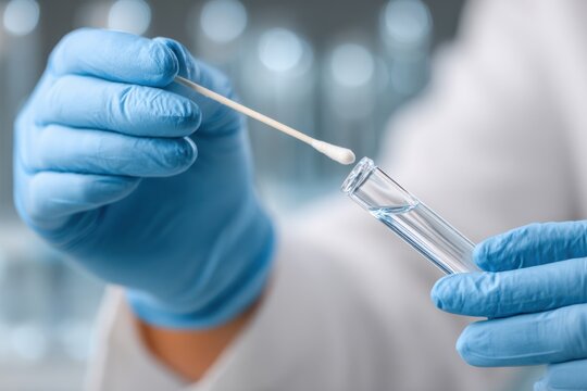 Close Up of Medical Hands with Buccal Swab Sample