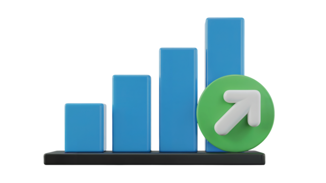 Dynamic bar chart showcases impressive growth with a vibrant upward arrow icon symbolizing success and progress isolated on white or transparent png.